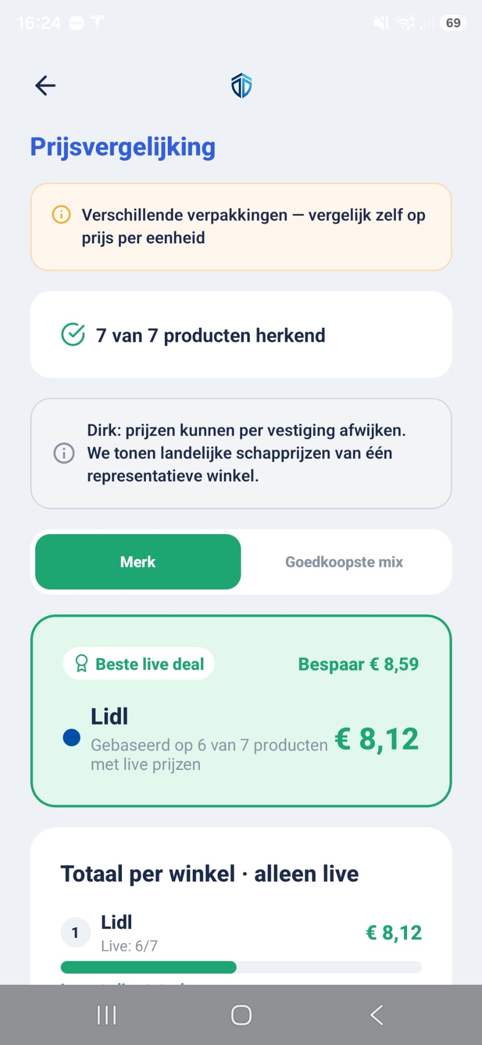 iSaive-app: overzicht van de beste live deal bij een boodschappenlijst
