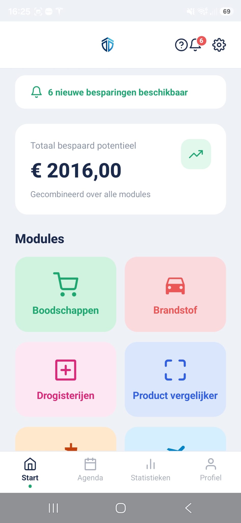 iSaive-app: startscherm met modules en een overzicht van mogelijke besparingen